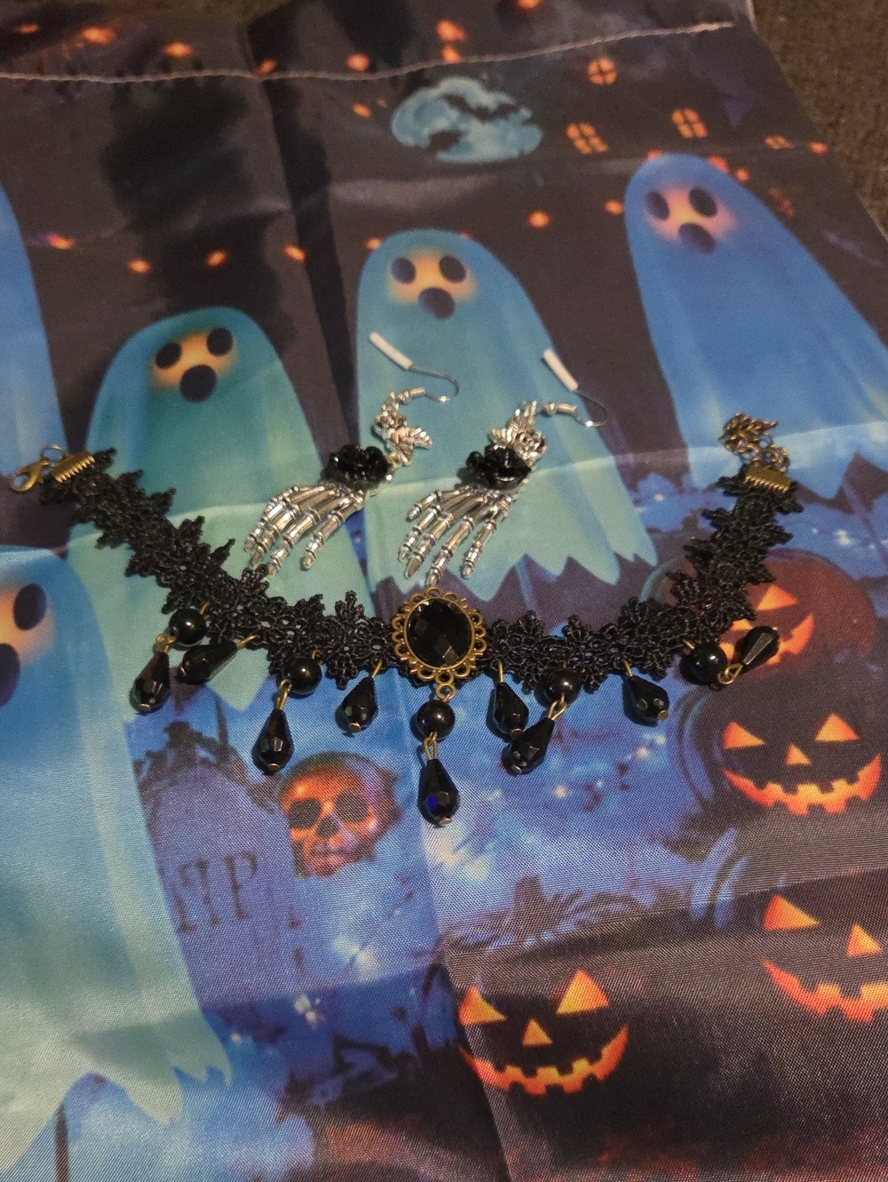 Black Gothic Lace Choker Necklace with Pendant and Beads - Unbranded